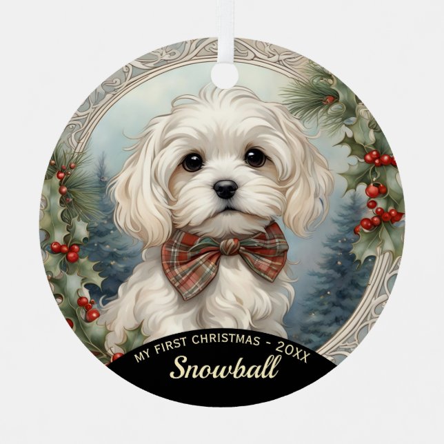 Maltese Puppy's First Christmas Ornament (Front)