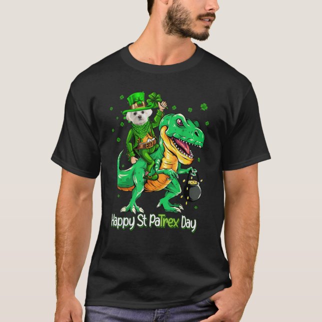 Maltese Riding Dinosaur Patricks Day Shamrock T-Shirt (Front)