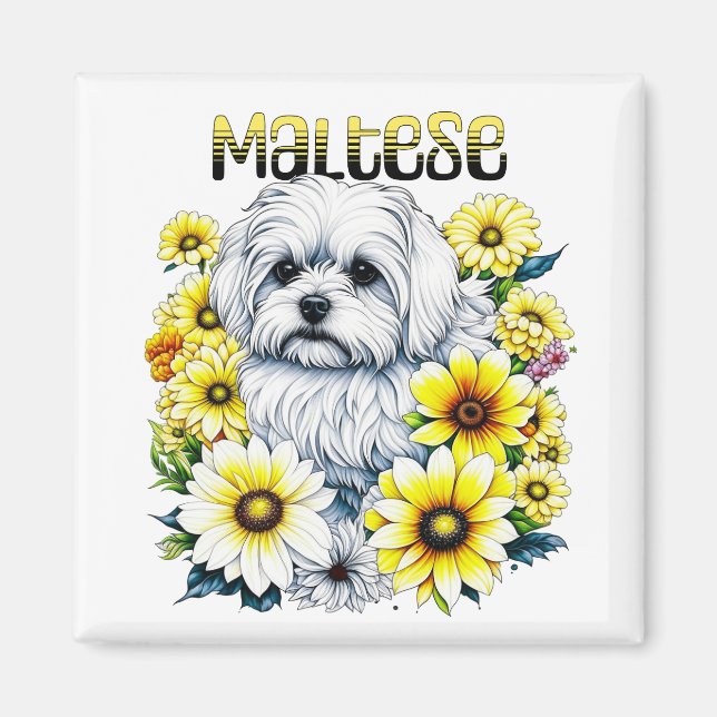 Maltese Small :White Dog Bree in Yellow Flowers Magnet (Front)