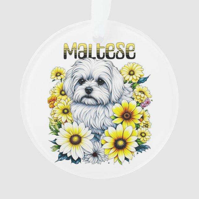 Maltese Small :White Dog Bree in Yellow Flowers Ornament (Front)