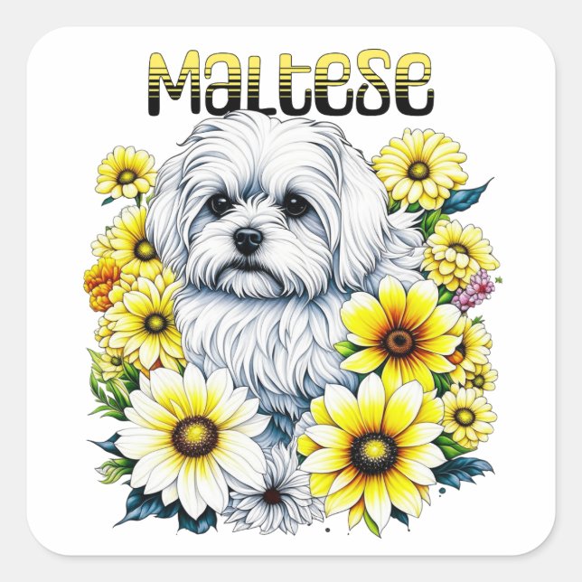 Maltese Small :White Dog Bree in Yellow Flowers Square Sticker (Front)
