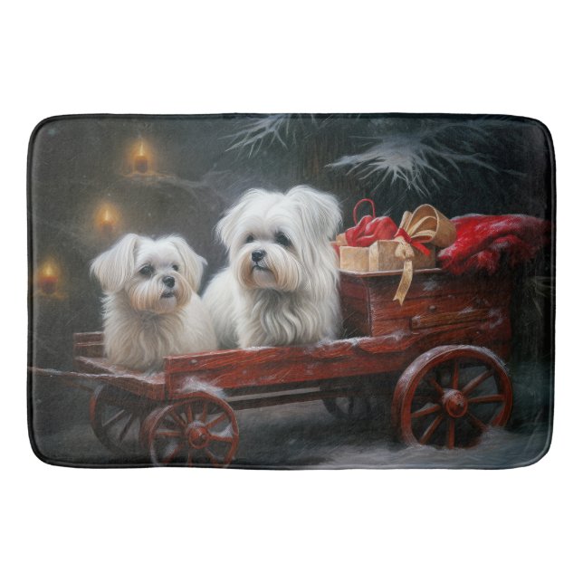 Maltese Snowy Sleigh Christmas Decor Bath Mat (Front)