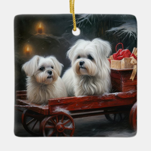 Maltese Snowy Sleigh Christmas Decor Ceramic Ornament (Front)