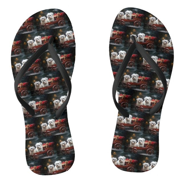 Maltese Snowy Sleigh Christmas Decor Flip Flops (Footbed)