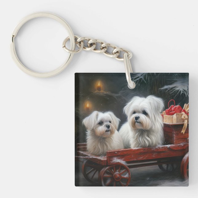 Maltese Snowy Sleigh Christmas Decor Key Ring (Front)