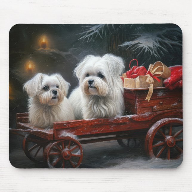 Maltese Snowy Sleigh Christmas Decor Mouse Mat (Front)