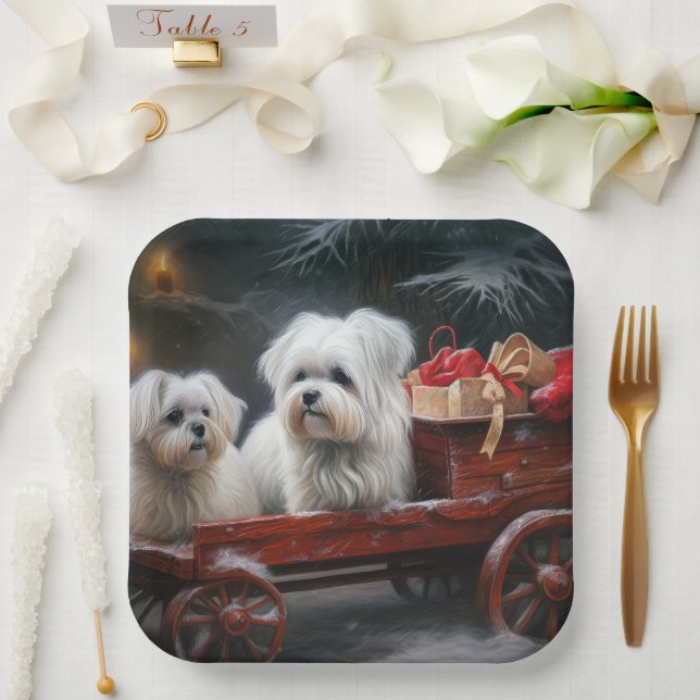 Maltese Snowy Sleigh Christmas Decor Paper Plate (Wedding)