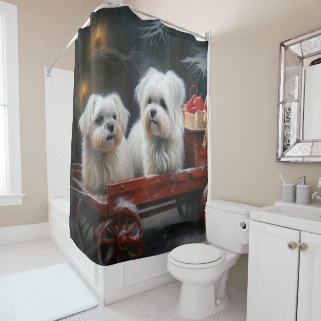 Maltese Snowy Sleigh Christmas Decor Shower Curtain (In Situ)