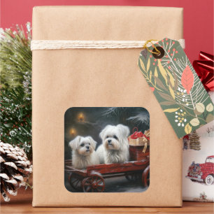 Maltese Snowy Sleigh Christmas Decor Square Sticker