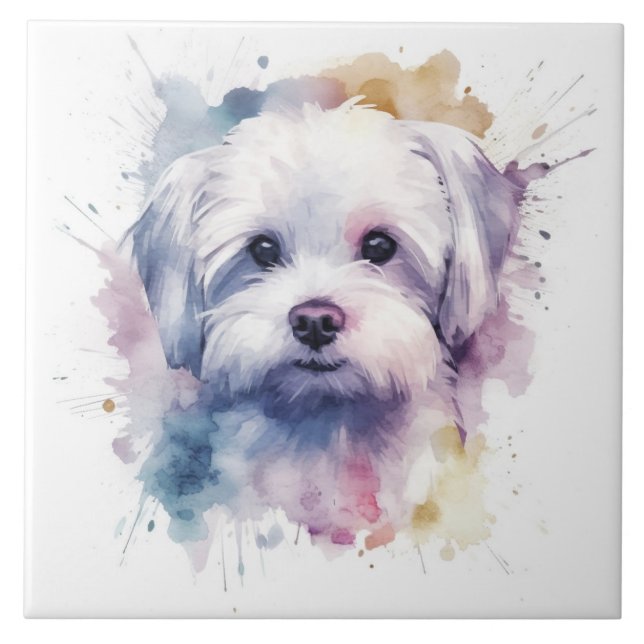 Maltese Terrier Watercolor dog pet Tile (Front)