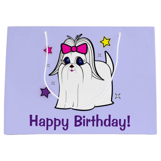 Maltese with Bow and Stars Happy Birthday Large Gift Bag (Front)