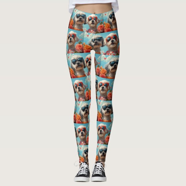 Maltese with Heart Roses Valentine's Day  Leggings (Front)