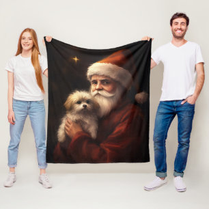 Maltese With Santa Claus Festive Christmas Fleece Blanket