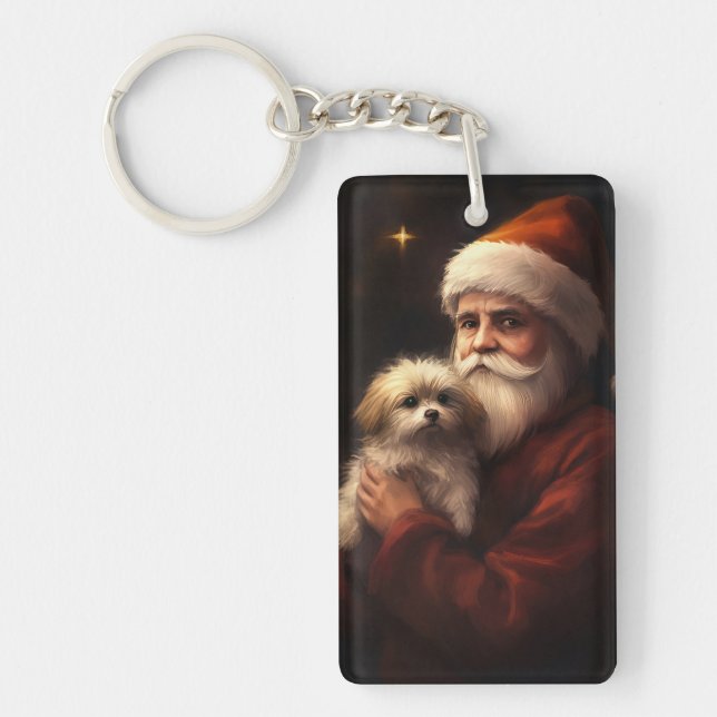 Maltese With Santa Claus Festive Christmas  Key Ring (Front)