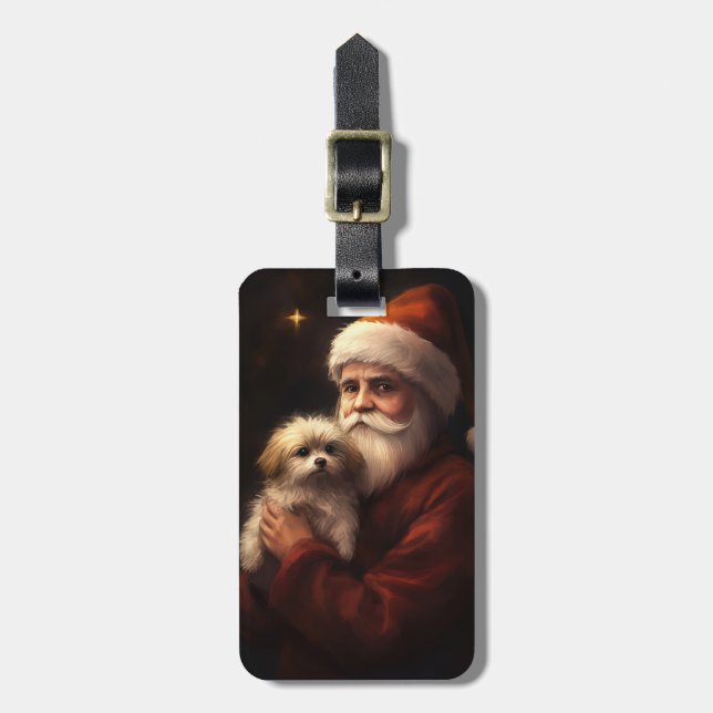 Maltese With Santa Claus Festive Christmas  Luggage Tag (Front Vertical)