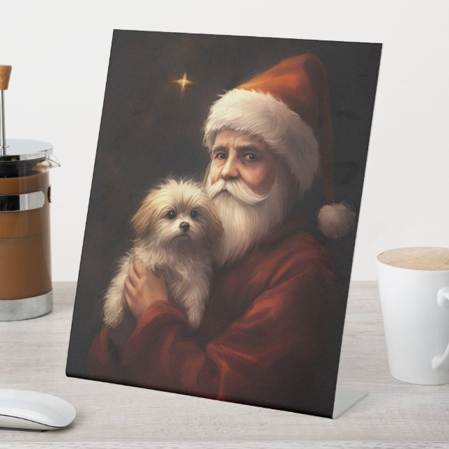 Maltese With Santa Claus Festive Christmas  Pedestal Sign (In SItu)