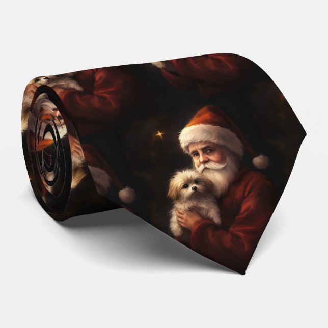 Maltese With Santa Claus Festive Christmas  Tie (Rolled)