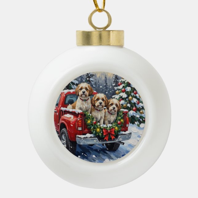 Malti-Tzu Christmas Red Truck Holiday Ceramic Ball Christmas Ornament (Front)