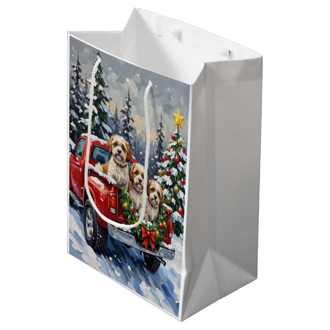 Malti-Tzu Christmas Red Truck Holiday Medium Gift Bag (Front Angled)