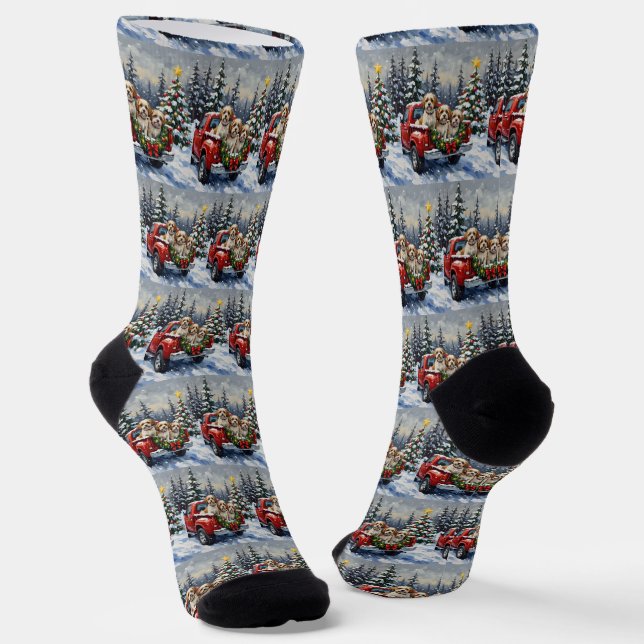 Malti-Tzu Christmas Red Truck Holiday Socks (Angled)