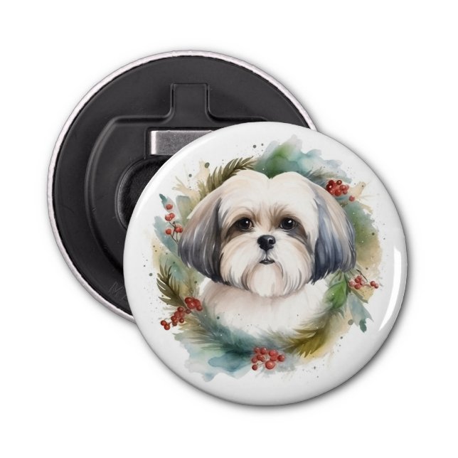 Malti Tzu Christmas Wreath Festive Pup Bottle Opener (Front)