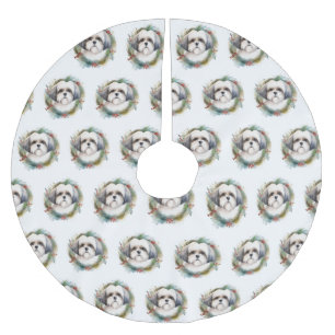 Malti Tzu Christmas Wreath Festive Pup Brushed Polyester Tree Skirt