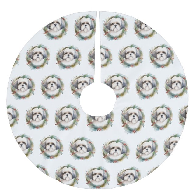 Malti Tzu Christmas Wreath Festive Pup Brushed Polyester Tree Skirt (Front)