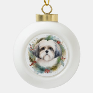 Malti Tzu Christmas Wreath Festive Pup Ceramic Ball Christmas Ornament