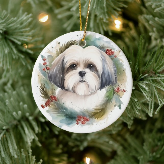 Malti Tzu Christmas Wreath Festive Pup Ceramic Tree Decoration (Tree)