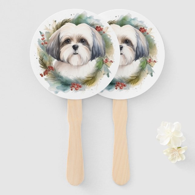 Malti Tzu Christmas Wreath Festive Pup Hand Fan (Front and Back)