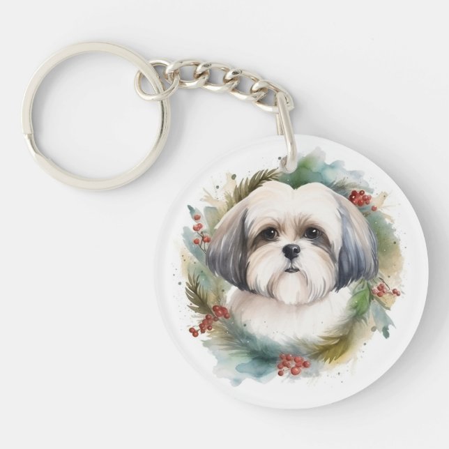 Malti Tzu Christmas Wreath Festive Pup Key Ring (Front)