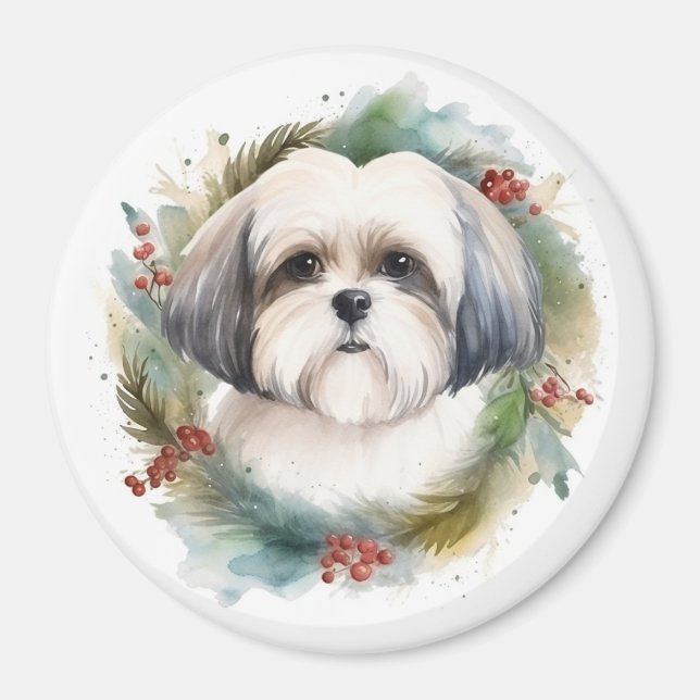 Malti Tzu Christmas Wreath Festive Pup Magnet (Front)