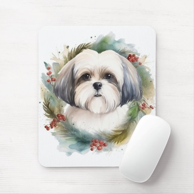 Malti Tzu Christmas Wreath Festive Pup Mouse Mat (With Mouse)