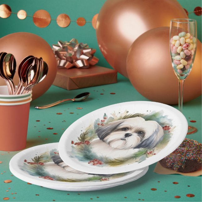 Malti Tzu Christmas Wreath Festive Pup Paper Plate (Multi)