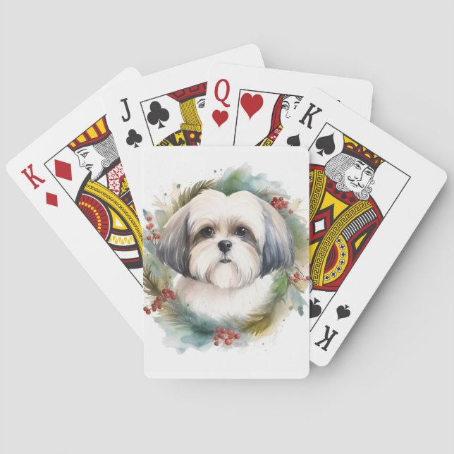 Malti Tzu Christmas Wreath Festive Pup Playing Cards (Back)