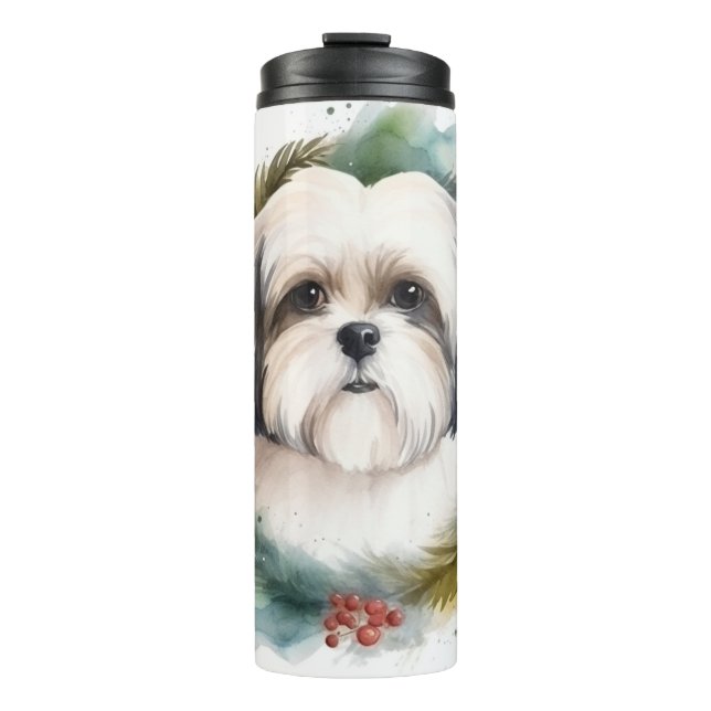 Malti Tzu Christmas Wreath Festive Pup Thermal Tumbler (Front)