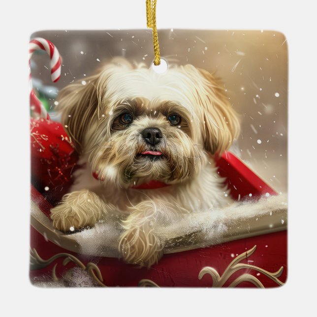 Malti Tzu Dog Christmas Festive Ceramic Ornament (Front)