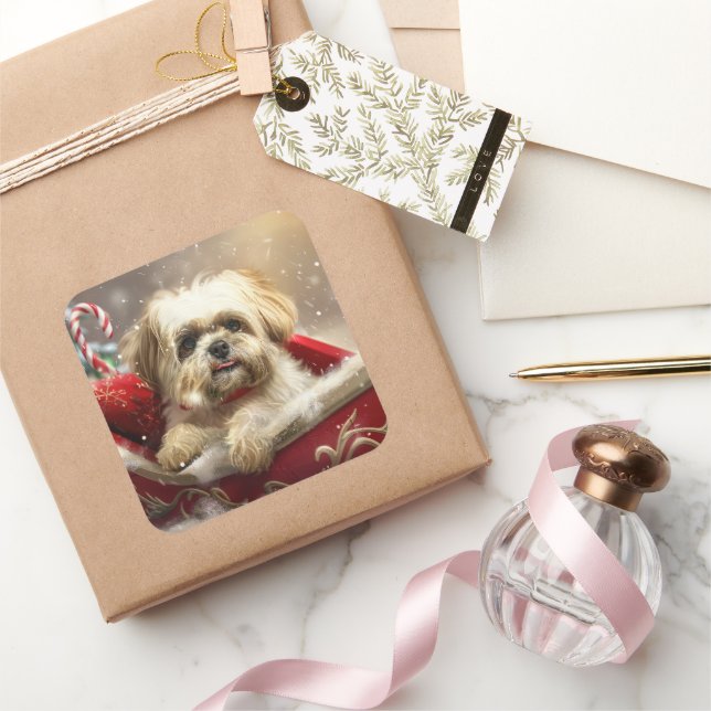 Malti Tzu Dog Christmas Festive Square Sticker (Gifting)