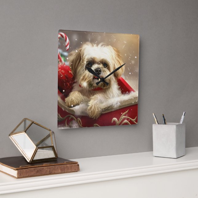 Malti Tzu Dog Christmas Festive Square Wall Clock (Office)