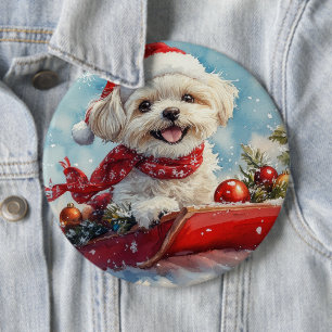 Malti Tzu Dog in Sledge Let it Snow Christmas 6 Cm Round Badge