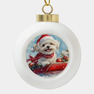 Malti Tzu  Dog in Sledge Let it Snow Christmas Ceramic Ball Christmas Ornament