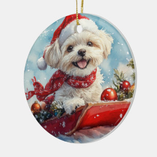 Malti Tzu  Dog in Sledge Let it Snow Christmas Ceramic Tree Decoration