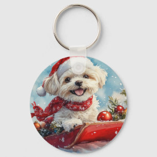 Malti Tzu Dog in Sledge Let it Snow Christmas Key Ring