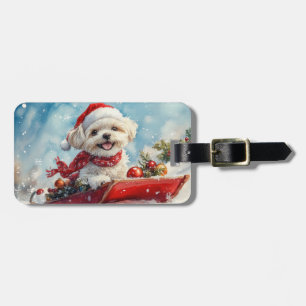 Malti Tzu Dog in Sledge Let it Snow Christmas Luggage Tag