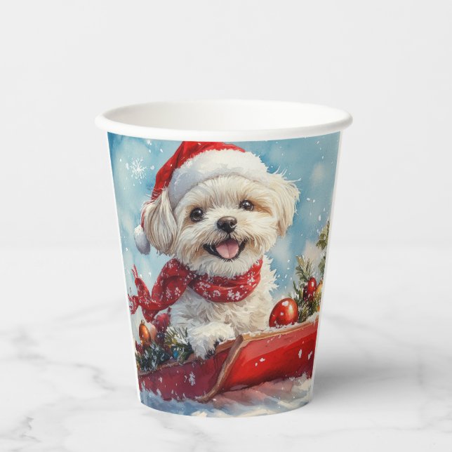 Malti Tzu  Dog in Sledge Let it Snow Christmas Paper Cups (Front)