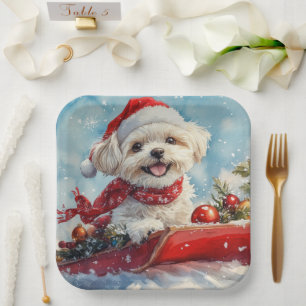 Malti Tzu Dog in Sledge Let it Snow Christmas Paper Plate