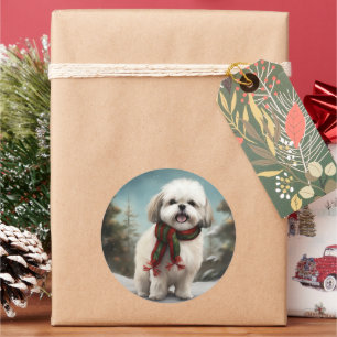 Malti Tzu Dog in Snow Christmas Classic Round Sticker