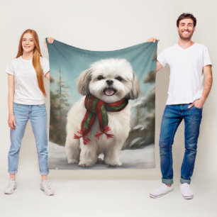 Malti Tzu Dog in Snow Christmas Fleece Blanket