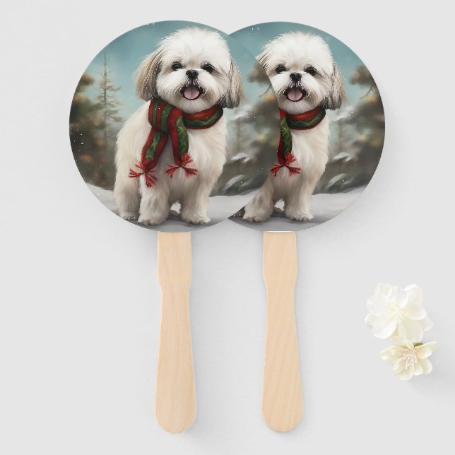 Malti Tzu Dog in Snow Christmas Hand Fan (Front and Back)