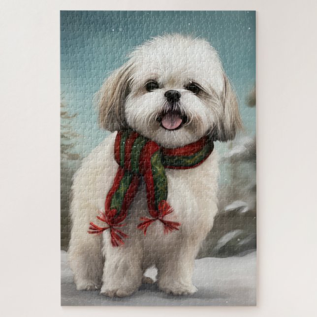 Malti Tzu Dog in Snow Christmas Jigsaw Puzzle (Vertical)